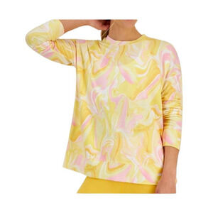 Ideology Womens Top Yellow Onde Print Blouse Long Sleeve Crew Neck Size S NWT